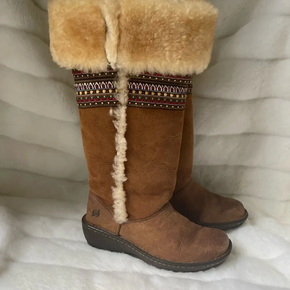 Born leather suede tan boots shearling fur lined multi color ribbon appliqué SZ6